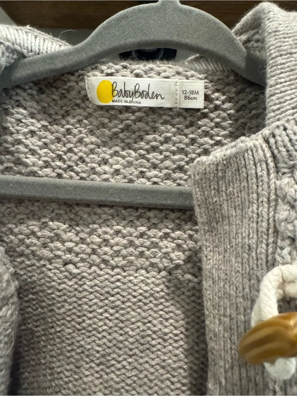 Baby Boden Gray Hooded Knit Sweater Jacket w/ Buttons & Toggle Fasteners